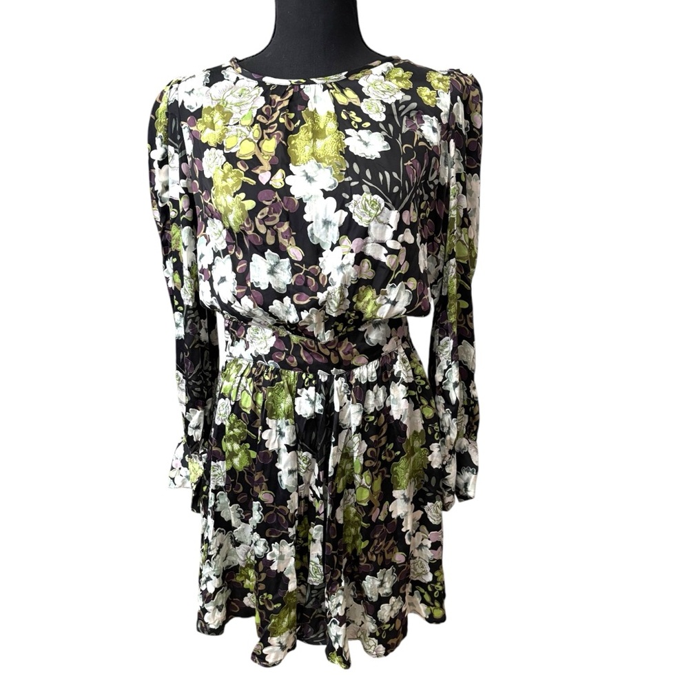 By Timo satin floral long sleeve black white green print fit and flare dress